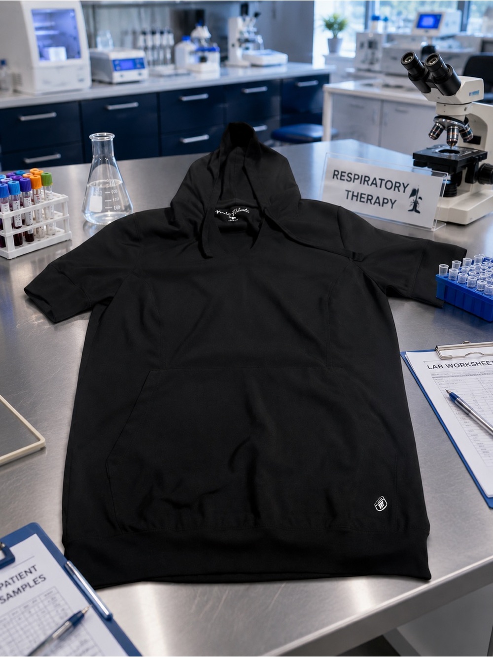 Black Short-Sleeve Hooded scrub top with pockets